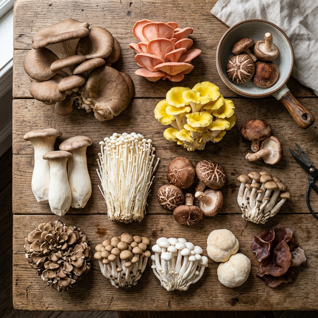 Juncao mushrooms laid out on a table