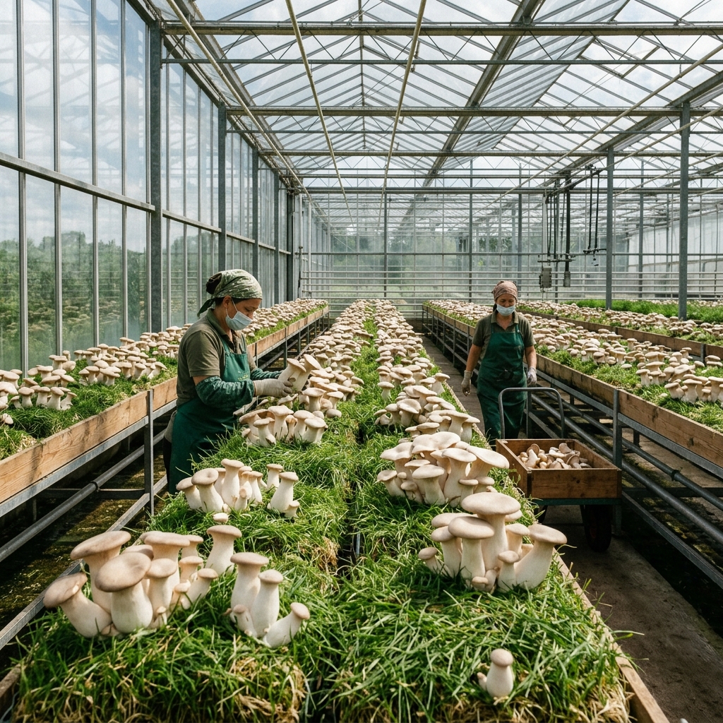 Mushroom cultivation in a greenhouse