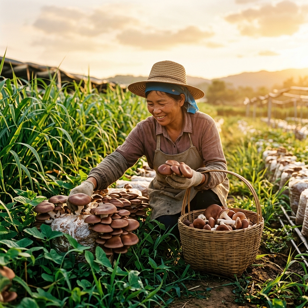 Person harvesting Juncao mushrooms